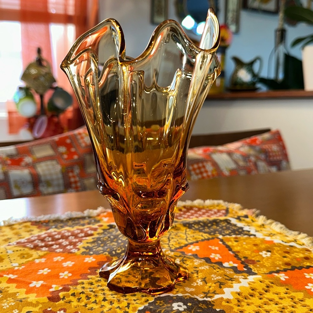 Vintage ruffled Amber glass vase